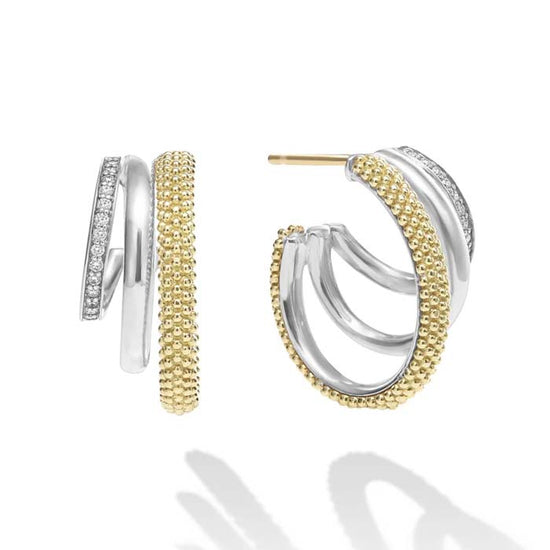 LAGOS Two-Tone Three Ring Diamond Hoop Earrings in Sterling Silver and 18K Yellow Gold