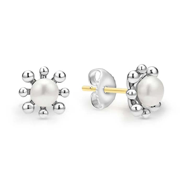 LAGOS Luna Fleur Pearl Stud Earrings in Sterling Silver and 14K Yellow Gold