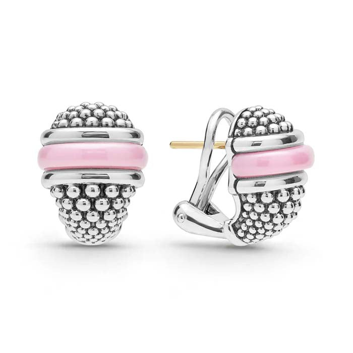 LAGOS Pink Ceramic Caviar Omega Clip Earrings in Sterling Silver