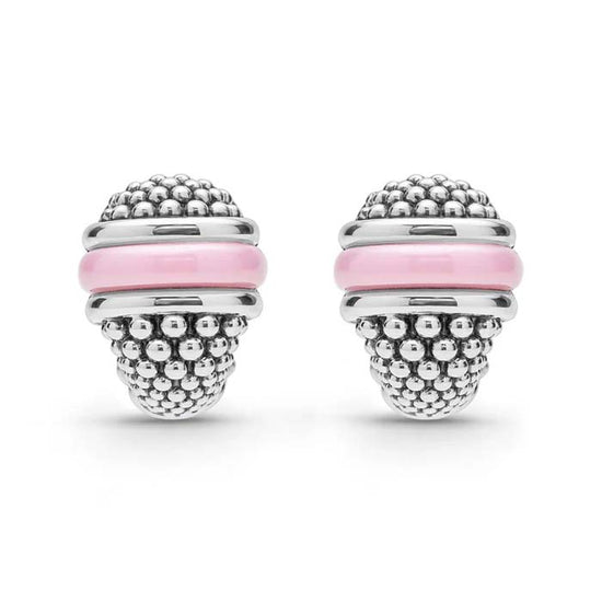 LAGOS Pink Ceramic Caviar Omega Clip Earrings in Sterling Silver