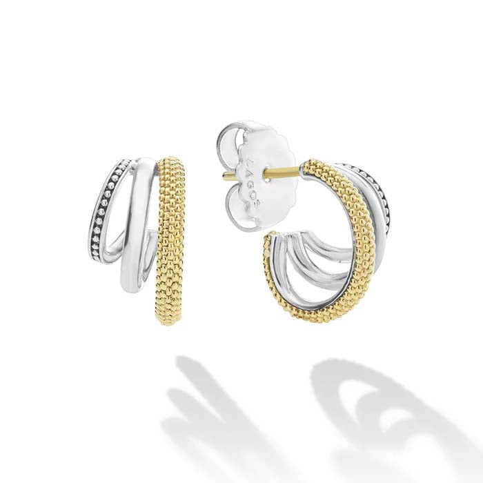 LAGOS Caviar Lux Two-Tone Three Ring Hoop Earrings in Sterling Silver and 18K Yellow Gold