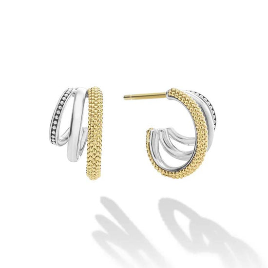 LAGOS Caviar Lux Two-Tone Three Ring Hoop Earrings in Sterling Silver and 18K Yellow Gold