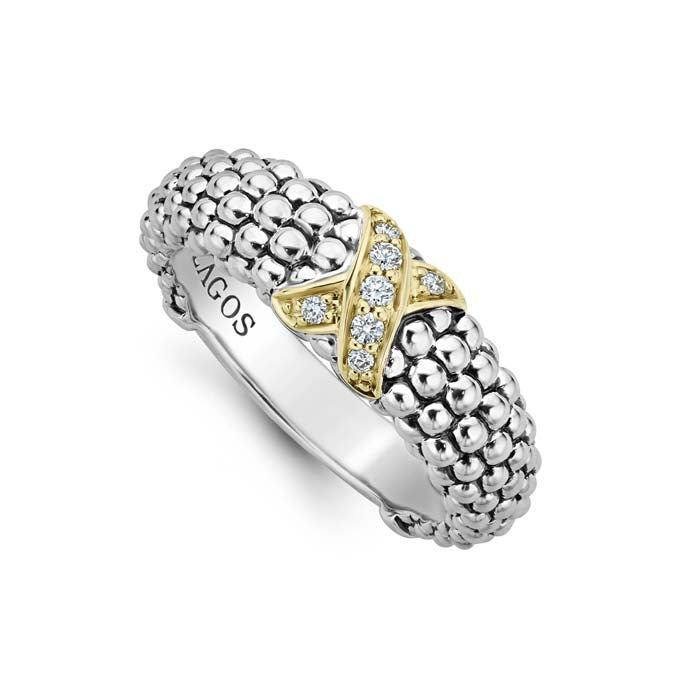 LAGOS "X" Caviar Diamond Ring in Sterling Silver and 18K Yellow Gold