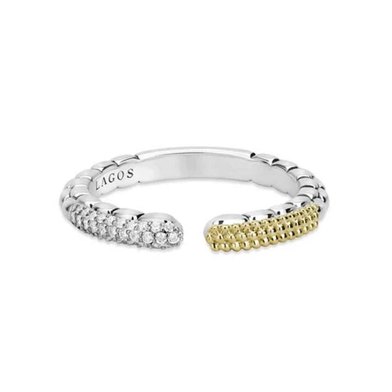 LAGOS Diamond Open Caviar Lux Stackable Ring in Sterling Silver and 18K Yellow Gold