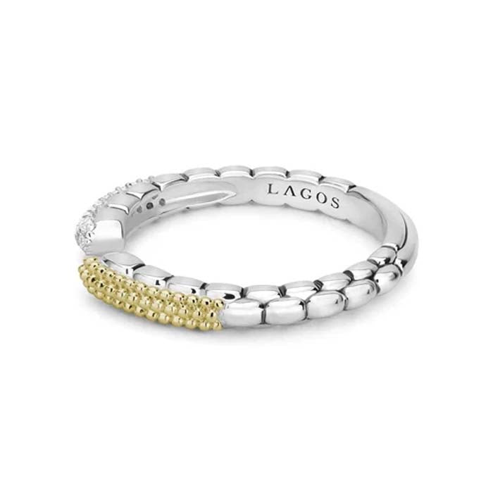 LAGOS Diamond Open Caviar Lux Stackable Ring in Sterling Silver and 18K Yellow Gold