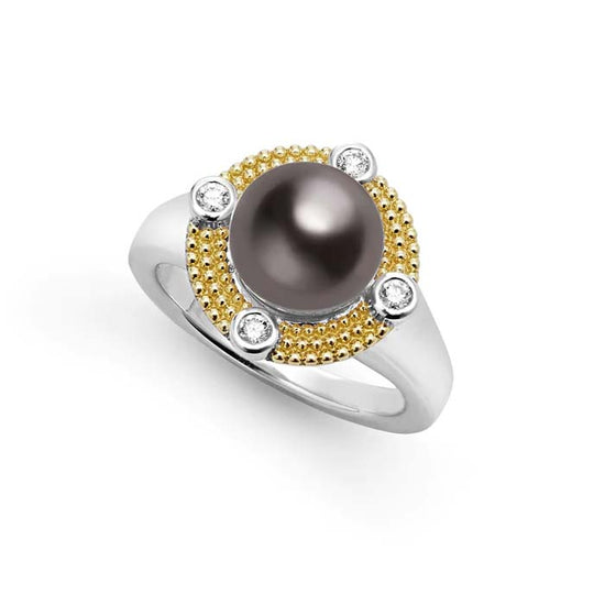 LAGOS Tahitian Pearl and Diamond Ring in Sterling Silver and 18K Yellow Gold