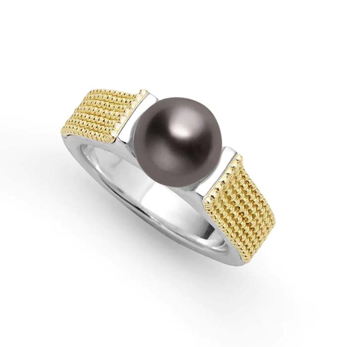 LAGOS Two-Tone Caviar Tahitian Black Pearl Ring in Sterling Silver and 18K Yellow Gold