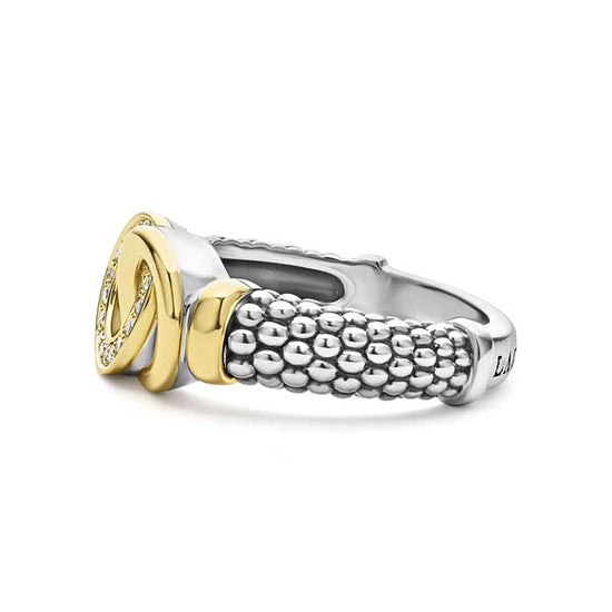 LAGOS Signaure Caviar Two Tone Interlocking Diamond Ring in Sterling Silver and 18K Yellow Gold, Size 7