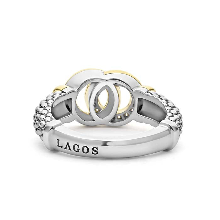 LAGOS Signaure Caviar Two Tone Interlocking Diamond Ring in Sterling Silver and 18K Yellow Gold, Size 7