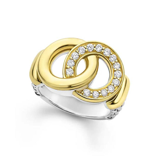 LAGOS Signature Caviar Two-Tone Interlocking Diamond Ring in Sterling Silver and 18K Yellow Gold - Size 7