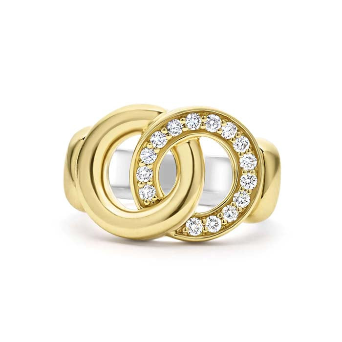 LAGOS Signature Caviar Two Tone Interlocking Diamond Ring in Sterling Silver and 18K Yellow Gold, Size 6