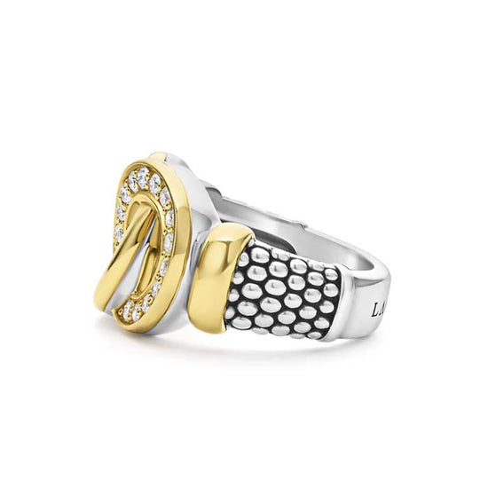 LAGOS Signature Caviar Two-Tone Interlocking Diamond Ring in Sterling Silver and 18K Yellow Gold - Size 7