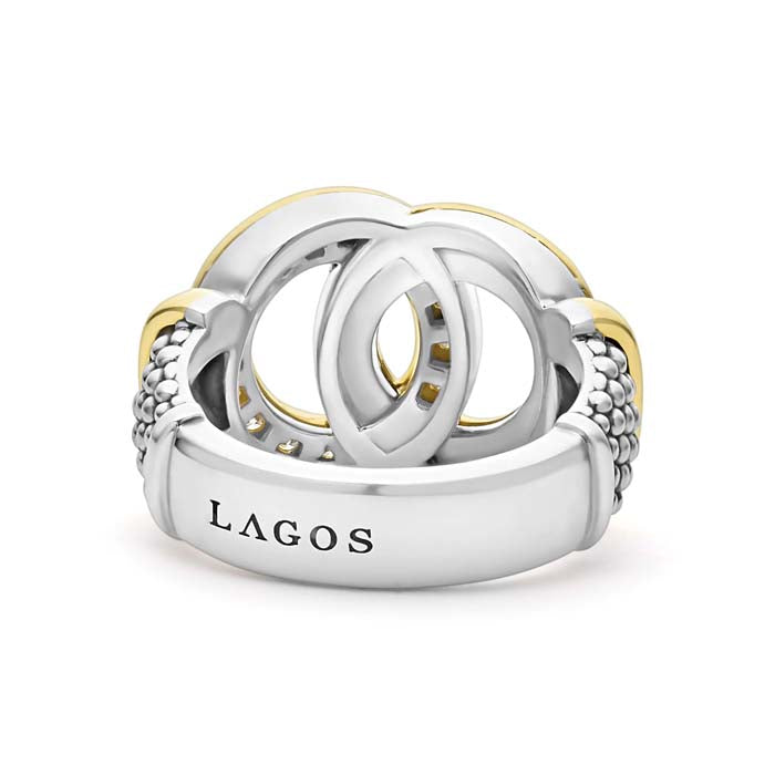 LAGOS Signature Caviar Two Tone Interlocking Diamond Ring in Sterling Silver and 18K Yellow Gold, Size 6