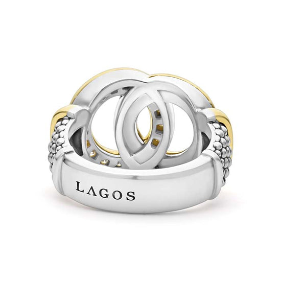 LAGOS Signature Caviar Two Tone Interlocking Diamond Ring in Sterling Silver and 18K Yellow Gold, Size 6