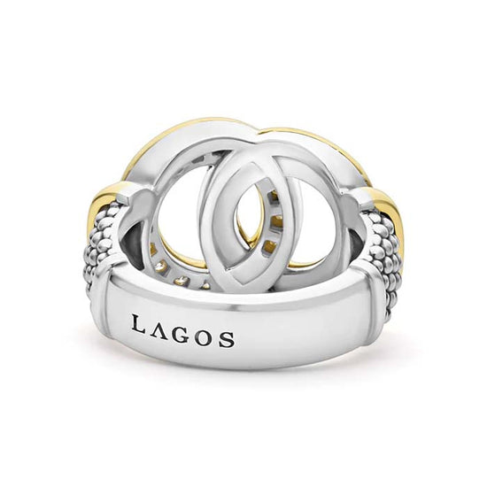 LAGOS Signature Caviar Two-Tone Interlocking Diamond Ring in Sterling Silver and 18K Yellow Gold - Size 7