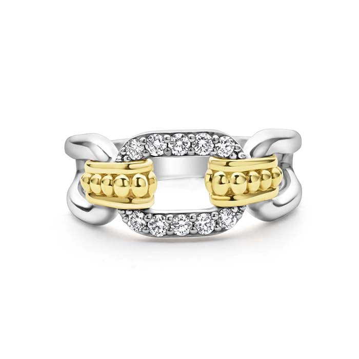 LAGOS Signature Caviar Diamond Pavé Oval Link Ring in Sterling Silver and 18K Yellow Gold