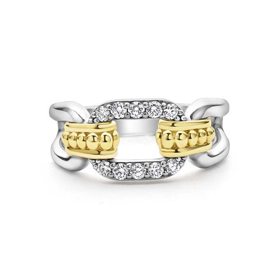 LAGOS Signature Caviar Diamond Pavé Oval Link Ring in Sterling Silver and 18K Yellow Gold