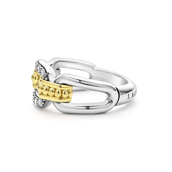 LAGOS Signature Caviar Diamond Pavé Oval Link Ring in Sterling Silver and 18K Yellow Gold