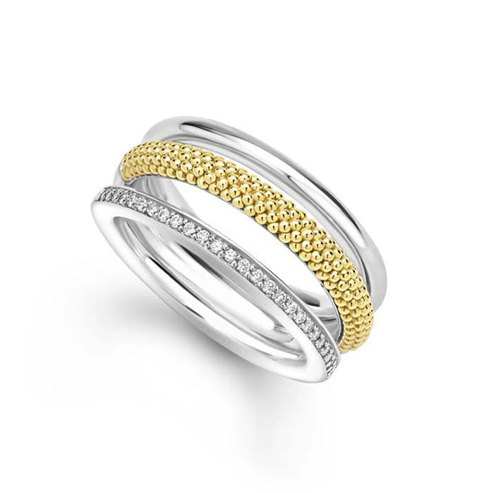 Lagos Two-Tone Three Row Diamond Ring in Sterling Silver and 18K Yellow Gold