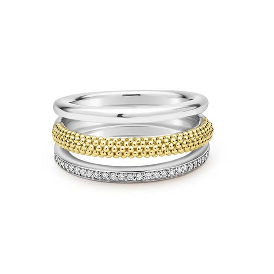 Lagos Two-Tone Three Row Diamond Ring in Sterling Silver and 18K Yellow Gold