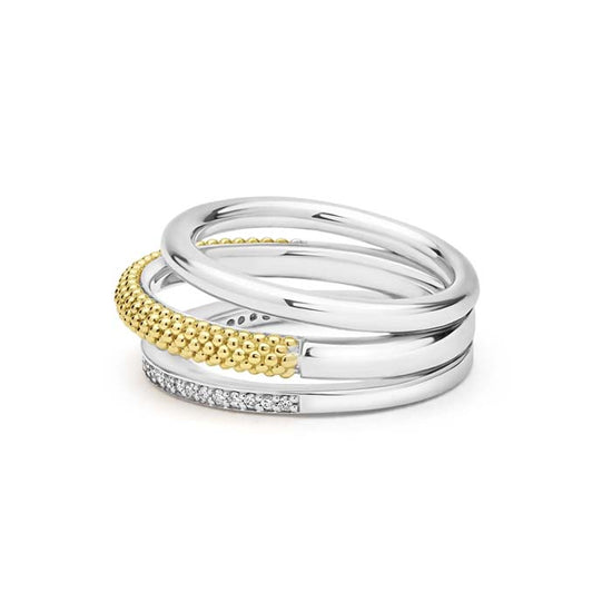 Lagos Two-Tone Three Row Diamond Ring in Sterling Silver and 18K Yellow Gold