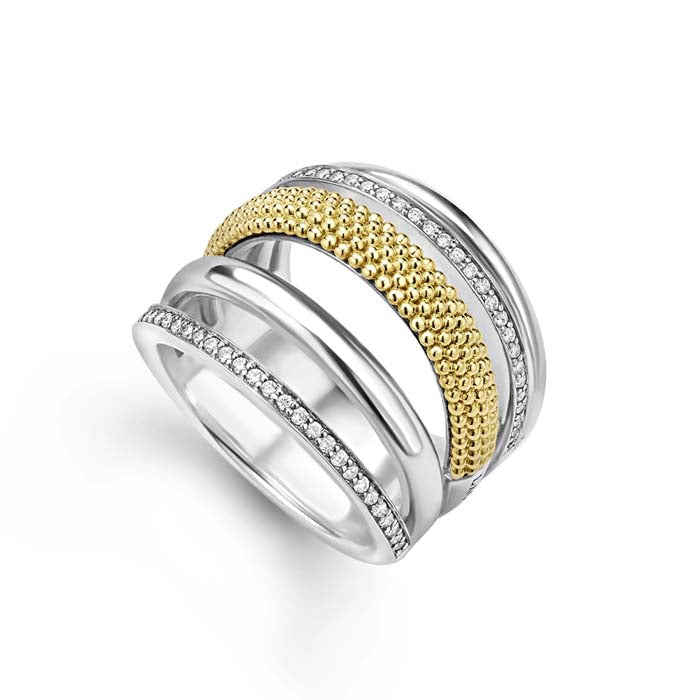 Lagos .29CTW Two-Tone Five Row Diamond Ring in Sterling Silver and 18K Yellow Gold