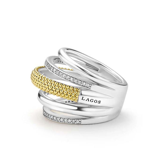 Lagos .29CTW Two-Tone Five Row Diamond Ring in Sterling Silver and 18K Yellow Gold