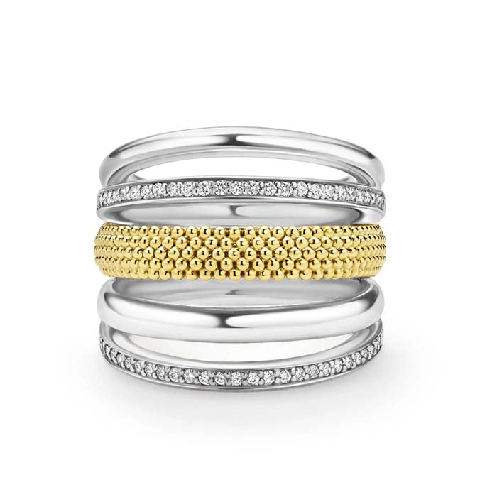 Lagos .29CTW Two-Tone Five Row Diamond Ring in Sterling Silver and 18K Yellow Gold