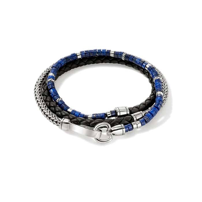John Hardy 4MM Lapis Heishi and Black Leather Classic Chain Triple Wrap Bracelet in Sterling Silver