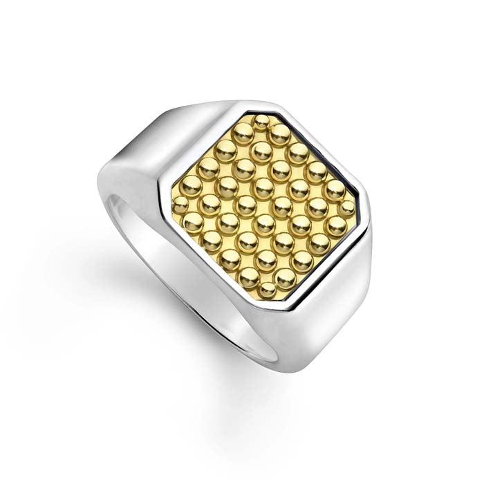 Lagos Caviar Beaded Square Ring in Sterling Silver and 18K Yellow Gold