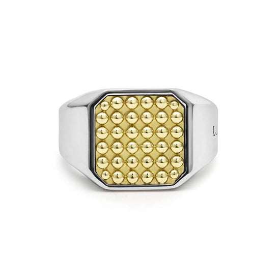 Lagos Caviar Beaded Square Ring in Sterling Silver and 18K Yellow Gold