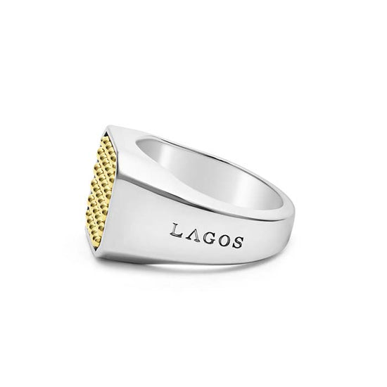 Lagos Caviar Beaded Square Ring in Sterling Silver and 18K Yellow Gold