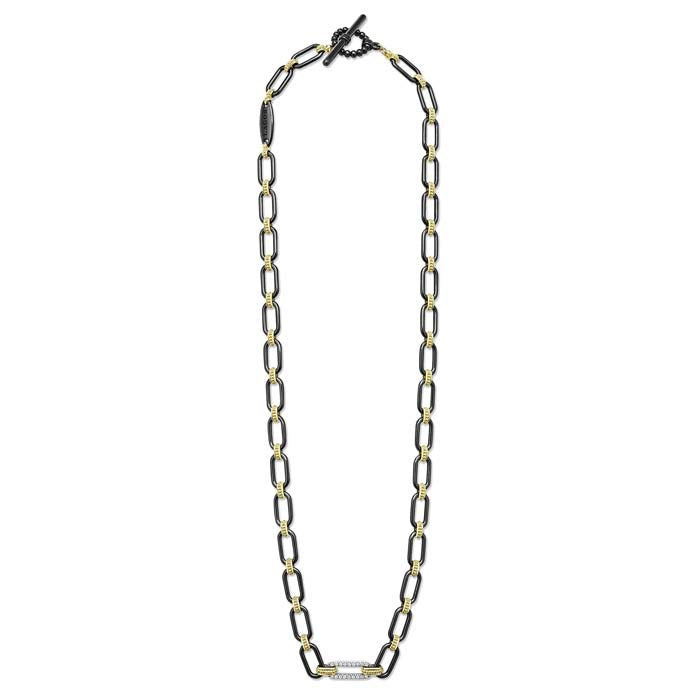 LAGOS 18" Signature Caviar Diamond Link Black Ceramic Toggle Necklace in 18K Yellow Gold