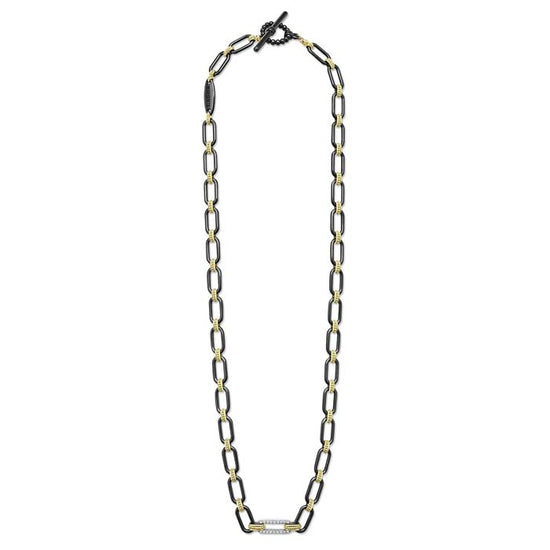 LAGOS 18" Signature Caviar Diamond Link Black Ceramic Toggle Necklace in 18K Yellow Gold