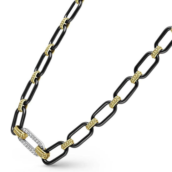 LAGOS 18" Signature Caviar Diamond Link Black Ceramic Toggle Necklace in 18K Yellow Gold