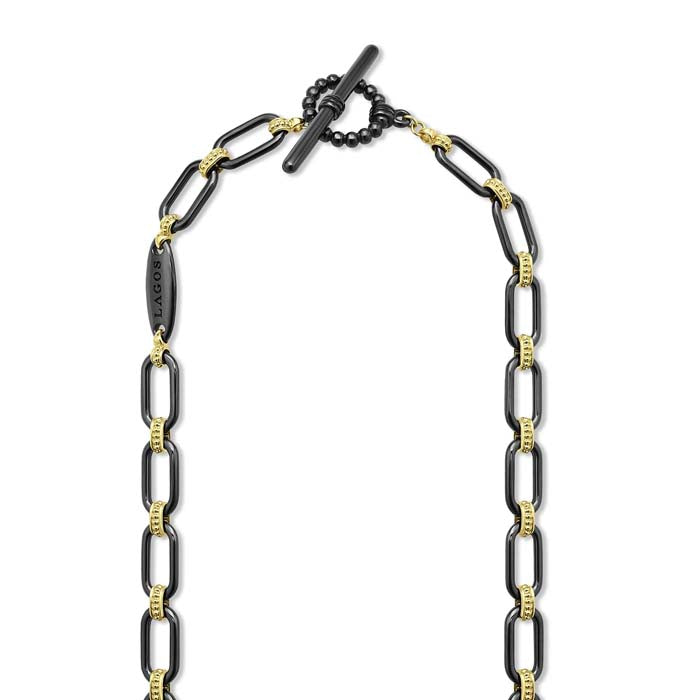 LAGOS 18" Signature Caviar Diamond Link Black Ceramic Toggle Necklace in 18K Yellow Gold