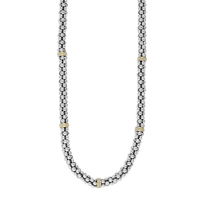 LAGOS 18" 9-Station Caviar 5MM Necklace in Sterling Silver with 18K Yellow Gold Accents