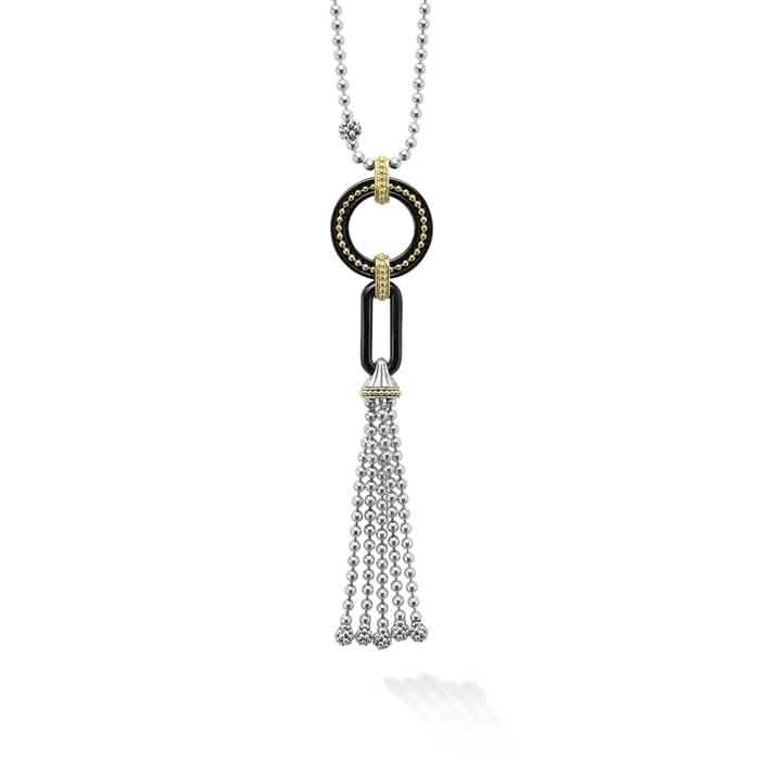 Lagos 34" Two-Tone Black Caviar Black Ceramic Tassel Necklace in 18K Yellow Gold and Sterling Silver