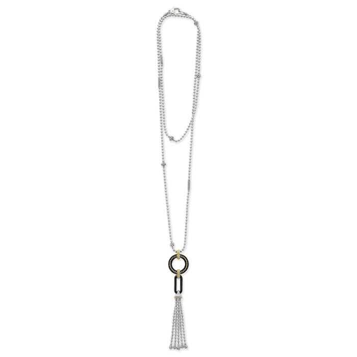 Lagos 34" Two-Tone Black Caviar Black Ceramic Tassel Necklace in 18K Yellow Gold and Sterling Silver