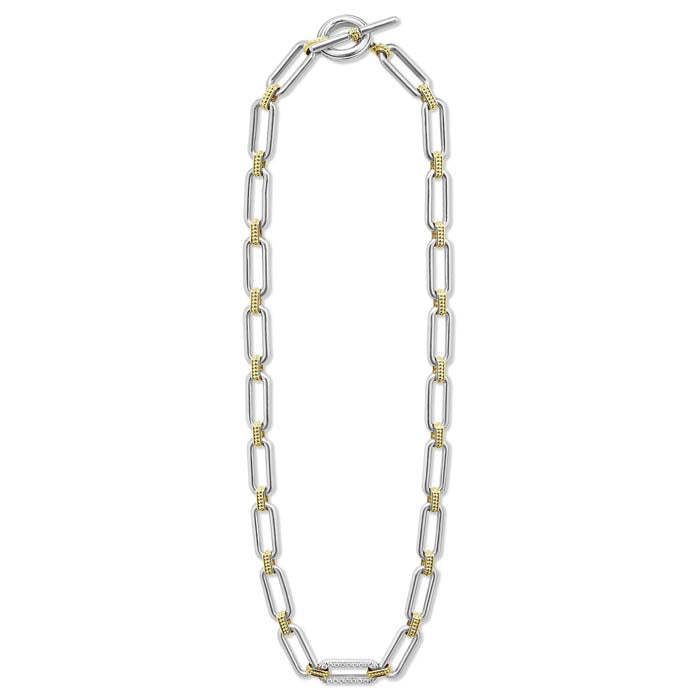 LAGOS 18" Signature Caviar Single Station Diamond Necklace in Sterling Silver and 18K Yellow Gold