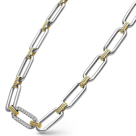 LAGOS 18" Signature Caviar Single Station Diamond Necklace in Sterling Silver and 18K Yellow Gold