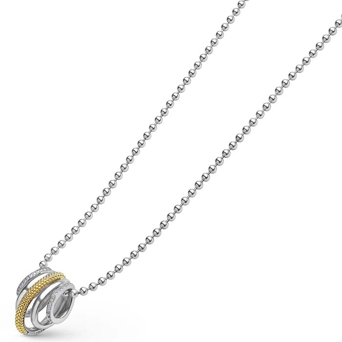 Lagos Two-Tone Five Ring Diamond Pendant Necklace in Sterling Silver and 18K Yellow Gold