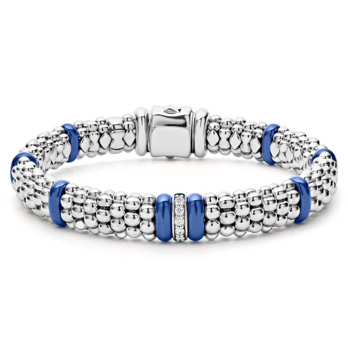 LAGOS Ultramarine Blue Ceramic Caviar Single Station Diamond Bracelet in Sterling Silver