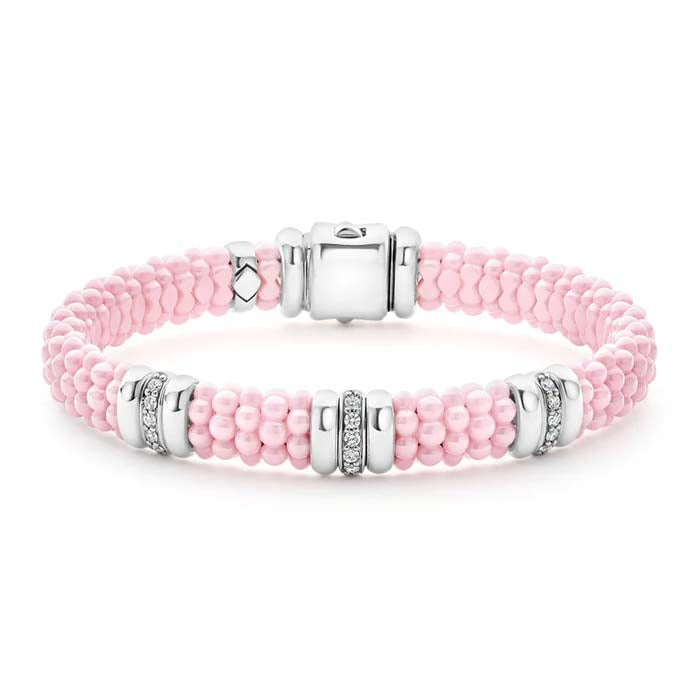 LAGOS Pink Ceramic Caviar Three Station Diamond Bracelet in Sterling Silver