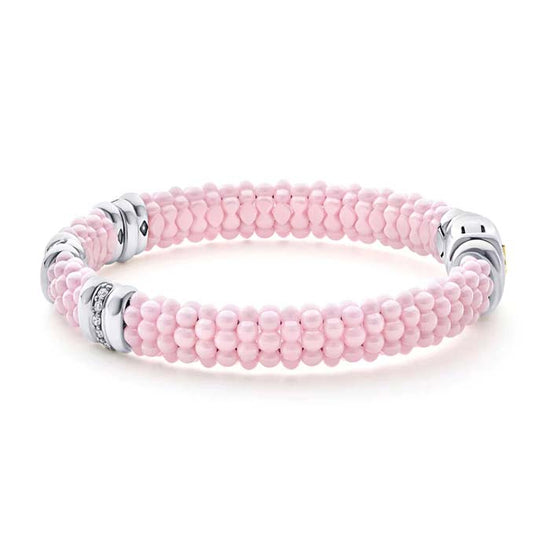 LAGOS Pink Ceramic Caviar Three Station Diamond Bracelet in Sterling Silver