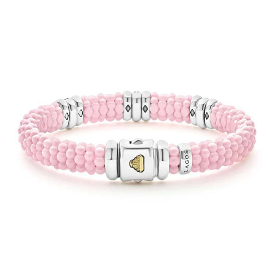 LAGOS Pink Ceramic Caviar Three Station Diamond Bracelet in Sterling Silver