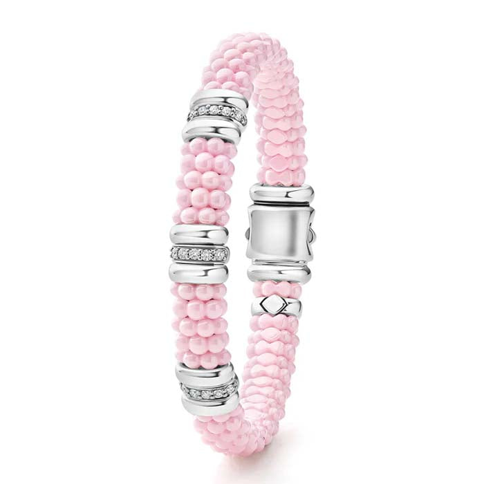 LAGOS Pink Ceramic Caviar Three Station Diamond Bracelet in Sterling Silver