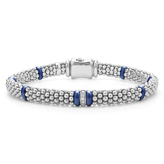 LAGOS Ultramarine Blue Ceramic Single Station Diamond Caviar Bracelet in Sterling Silver