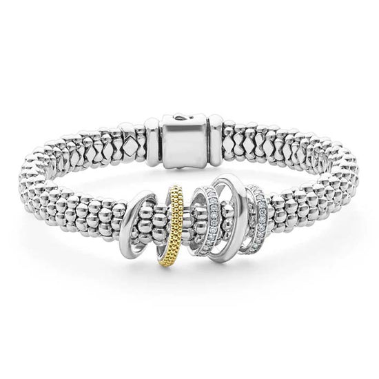 LAGOS 9MM Two-Tone Five Ring Diamond Caviar Bracelet in Sterling Silver and 18K Yellow Gold