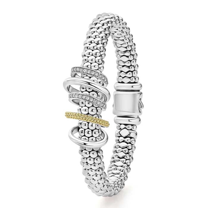 LAGOS 9MM Two-Tone Five Ring Diamond Caviar Bracelet in Sterling Silver and 18K Yellow Gold